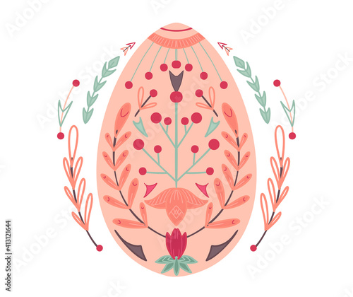 Festive Easter card. Flat illustration of a festive egg with a geometric nature pattern in a wreath of tribal decorations. Festive treat with folk pattern on a white background.