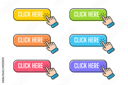 Hand cursor vector icon with blue click button. Click here for links to websites.