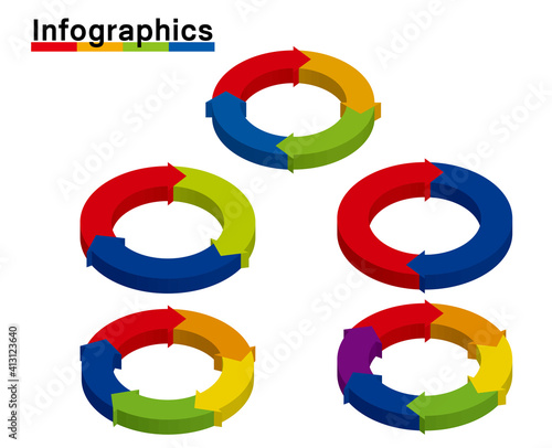 立体インフォグラフィックスイラストセット｜分割円と矢印のチャート図PDCAビジネスプロセス経営