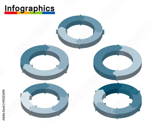 立体インフォグラフィックスイラストセット｜分割円と矢印のチャート図PDCAビジネスプロセス経営グレー