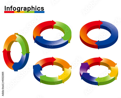 3D立体インフォグラフィックスイラストセット｜分割円と矢印のチャート図PDCAビジネスプロセス経営
