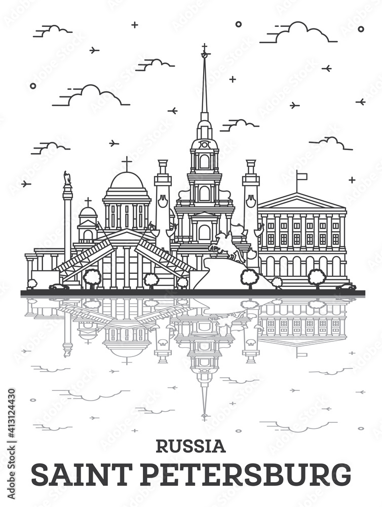Outline Saint Petersburg Russia City Skyline with Historic Buildings and Reflections Isolated on White.