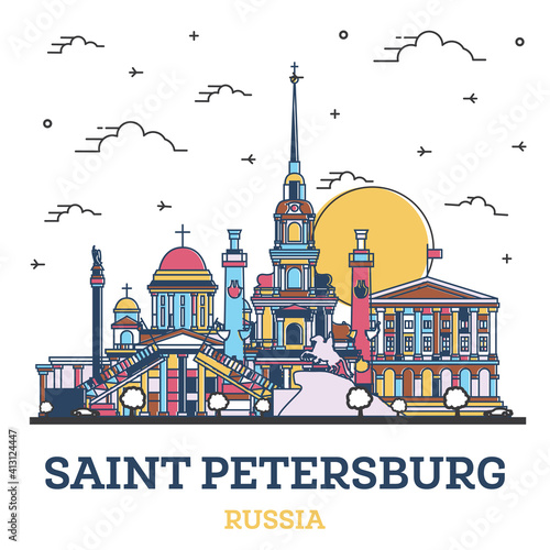 Outline Saint Petersburg Russia City Skyline with Colored Historic Buildings Isolated on White.