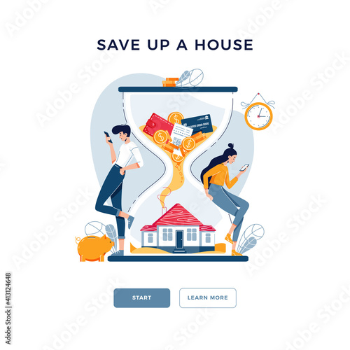 Save up a house concept. Couple purchased a property and awaiting for savings growing. Make money in property, rising housing market for web banner, emailing design. Flat cartoon vector illustration