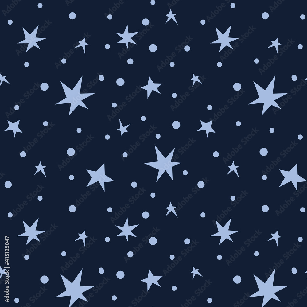 Obraz premium Celestial kids seamless pattern, space digital paper with starry sky, stars on dark blue background, nursery seamless texture for textile, scrapbooking, wrapping paper, wallpaper