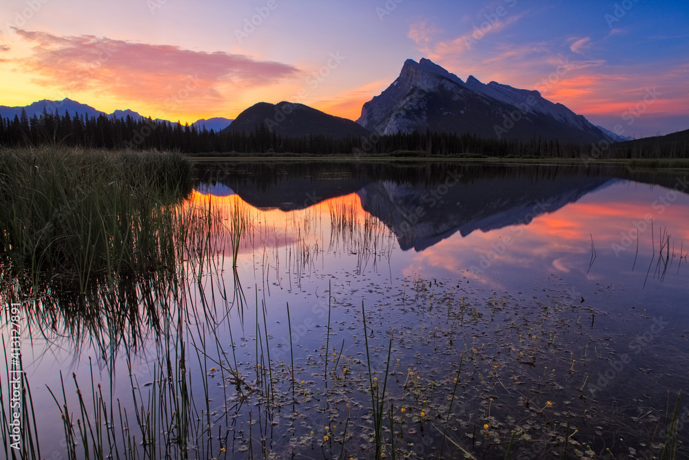 Evening light at Vermillion Lakes and Mount Rundle in Banff National Park, Canada