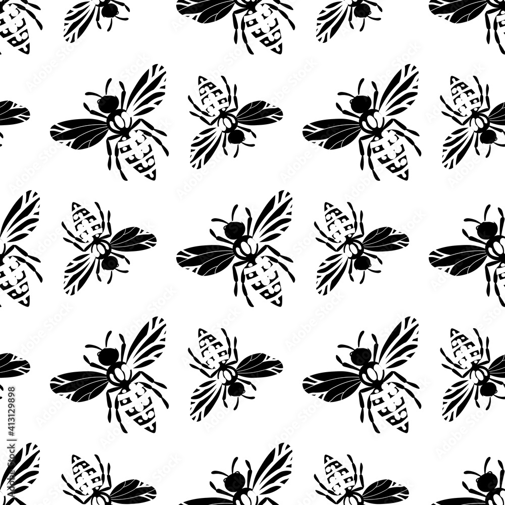 Seamless pattern with bees silhouette on white background. Adorable cartoon wasp character. Template design for invitation, cards, textile, fabric. Flat style. Vector stock illustration.