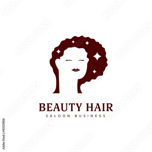 Beauty natural hair dresser saloon logo icon symbol with calm woman silhouette curly afro hair