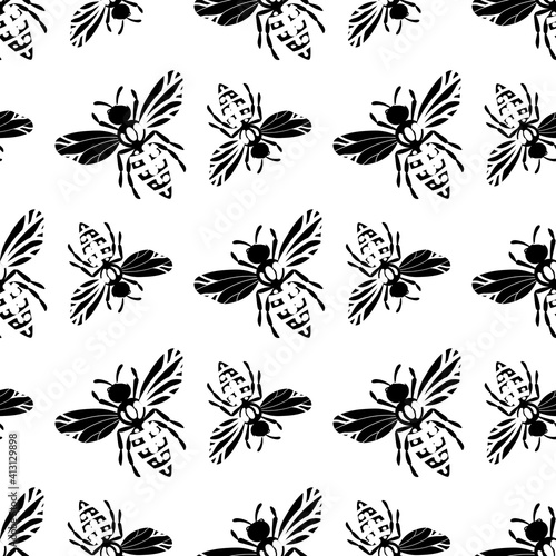 Seamless pattern with bees silhouette on white background. Adorable cartoon wasp character. Template design for invitation, cards, textile, fabric. Flat style. Vector stock illustration. © Alla