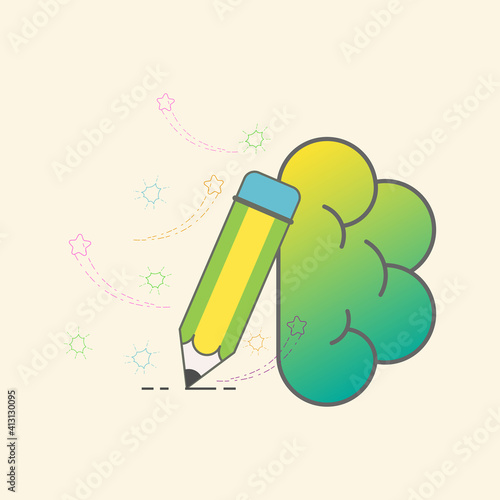 Human right brain with pencil writing on the left as a gimmick of aptitude for art. Vector illustration outline flat design style.