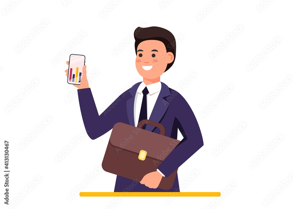 Businessman concept illustration. Business man with a smartphone and a suitcase Businessman concept illustration. Business man with a smartphone and a suitcase