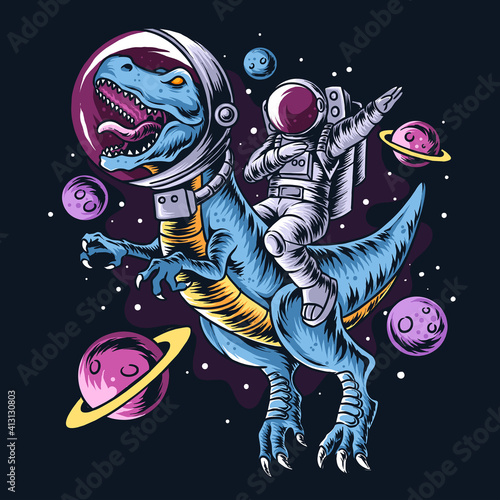 The astronaut drives the t-rex dinosaurs in the outer space full of stars and planets