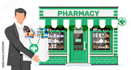 Man holding drugstore bag in front of pharmacy shop. Set of bottles, tablets, pills, capsules and sprays for illness and pain treatment. Medical drug, vitamin, antibiotic. Flat vector illustration