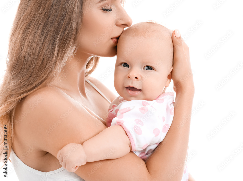 Happy mother with cute little baby on white background Happy mother with cute little baby on white background