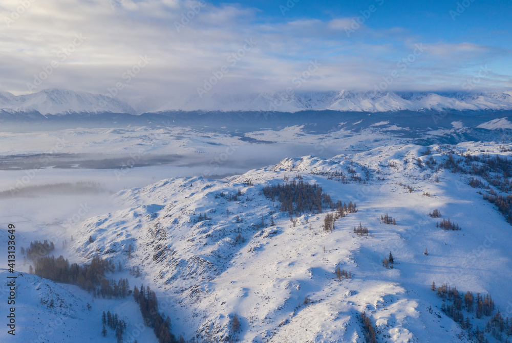 Aerial view of North Chuya Mountain Range in winter. Altai Republic, Siberia, Russia..