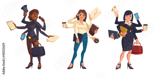 Business women with many hands isolated on white background. Vector cartoon set of professional leaders, managers and entrepreneurs with smartphones, documents and bags in arms. Multitask concept