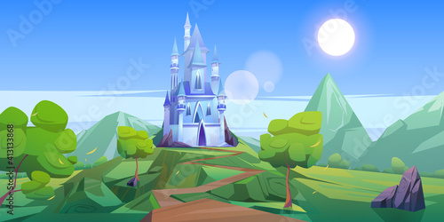 Fairy tale castle in mountains. Vector cartoon landscape of fairytale kingdom with rocks, trees, road and blue royal palace with towers and windows. Fantasy medieval castle