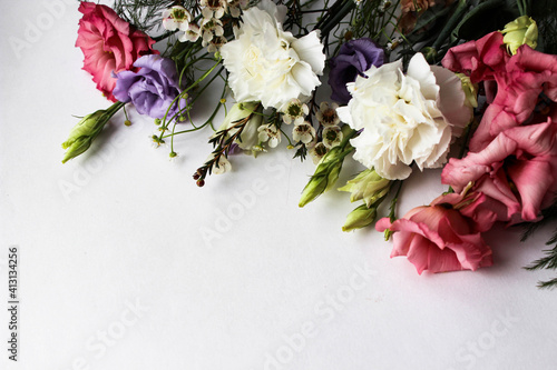Beautiful luxury spring bouquet of mixed flowers. The work of florist. Romantic concept. Close up. Spring banner. Easter and spring greeting card. Woman day concept. Copyspace for text. Valentine day