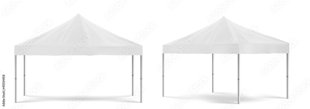 White folding promotion tent, outdoor mobile marquee for marketing exhibition or trade in front and angle view. Vector realistic mockup of blank festival awning for party isolated on white background - obrazy, fototapety, plakaty 