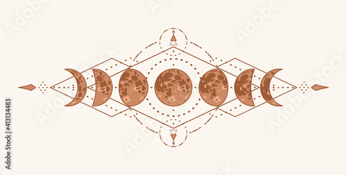 Magic moon with sacred geometry tattoo design. Monochrome boho vector illustration