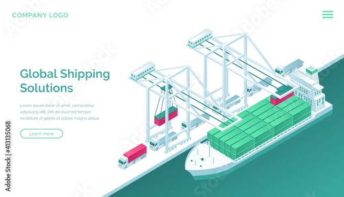 Global shipping solutions isometric landing page. Transport logistics, ship port delivery service company, truck cargo transportation, worldwide export, import industrial business 3d vector web banner