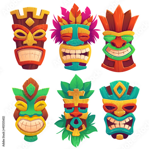 Tiki masks, tribal wooden totems, hawaiian or polynesian style attributes, scary faces with toothy mouth, decorated with leaves isolated on white background. Cartoon vector illustration, icons set photo