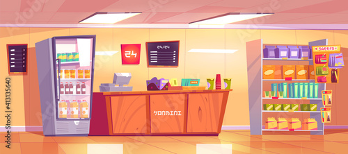 Konbini, convenience store interior with wooden checkout counter, shelves with food and refrigerator with drinks. Vector cartoon illustration of open 24 hours shop, empty japanese supermarket inside