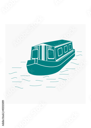 Editable Three-Quarter Top Front Side Oblique View Floating Canal Boat on Water Vector Illustration in Flat Monochrome Style for Transportation or Recreation of United Kingdom or Europe Related Design