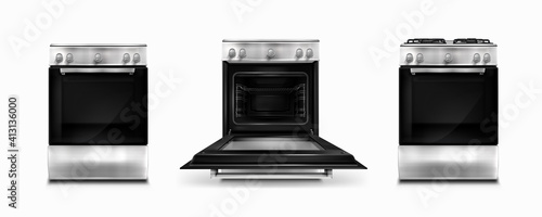Gas stove and induction cooking panel with electric oven with open and closed door isolated on white background. Vector realistic set of metal kitchen cooker front view photo