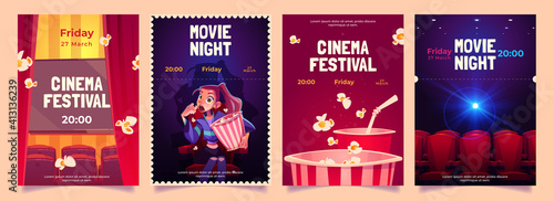 Cinema festival, movie night cartoon flyers set. Young woman with pop corn bucket sitting in dark theater hall front of screen watching interesting film. premiere promo posters Vector illustration,