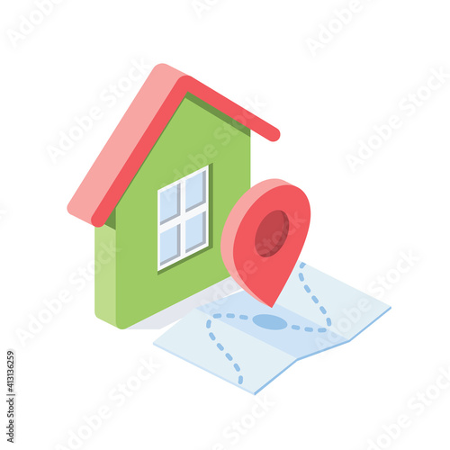 House pin map. Vector 3d isometric, color web or print icons, new flat style. Creative illustration, idea for infographics.