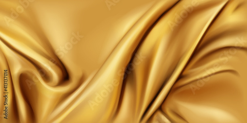 Gold silk folded fabric background, luxurious textile decoration backdrop for poster, banner or cover design. Golden drapery material with soft satin waves, poster, 3d vector realistic illustration