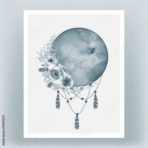 Watercolor full moon in cadet blue with flower