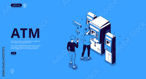 ATM banner. Automated teller machine, terminal for withdraw money cash, transactions and payments. Vector landing page of automatic banking service with isometric people in queue near bankomat