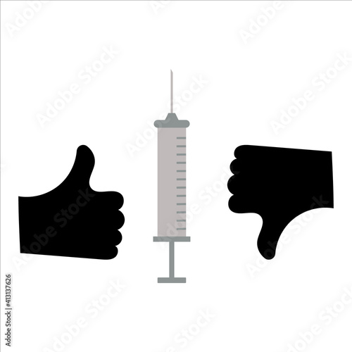 Silhouette symbol. syringe sticker. Injection forbidden. Anti vaccination. Stop vaccine. Negative space. Dilemma, controversy, pros and cons.