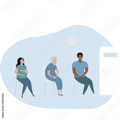 Patients diverse people in doctors waiting room vector illustration. Cartoon flat pregnant woman, black man , old woman characters sit and wait for doctoral appointment in the waiting room. Medical