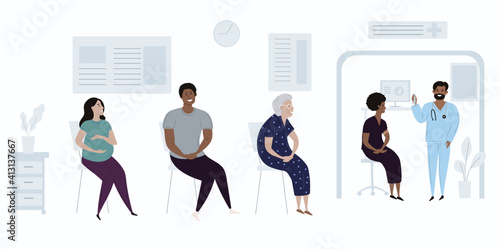 Patients diverse people in doctors waiting room vector illustration. Cartoon flat pregnant woman, black man , old woman characters sit and wait for doctoral appointment in the waiting room. Medical
