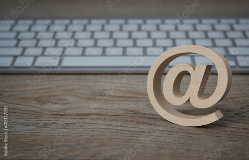 email address 3d wood icon on wooden table with modern computer keyboard, Business customer service and support online concept