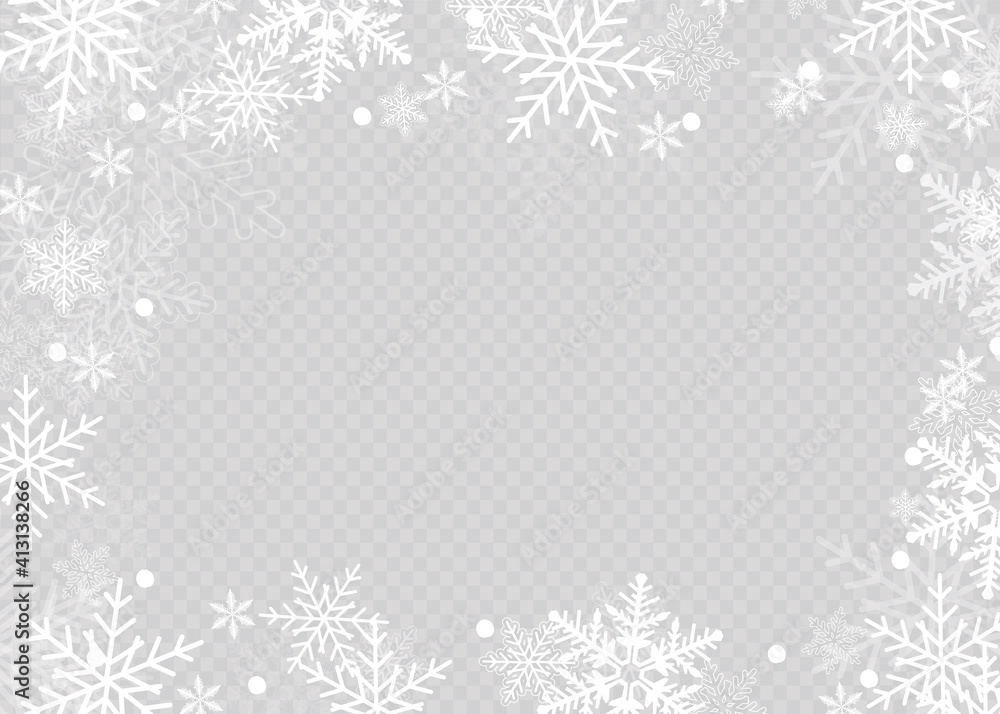 Rectangular winter snow frame border with stars, sparkles and snowflakes on transparent background. Festive christmas banner, new year greeting card, postcard or invitation vector illustration