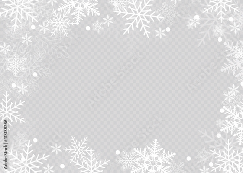 Rectangular winter snow frame border with stars, sparkles and snowflakes on transparent background. Festive christmas banner, new year greeting card, postcard or invitation vector illustration