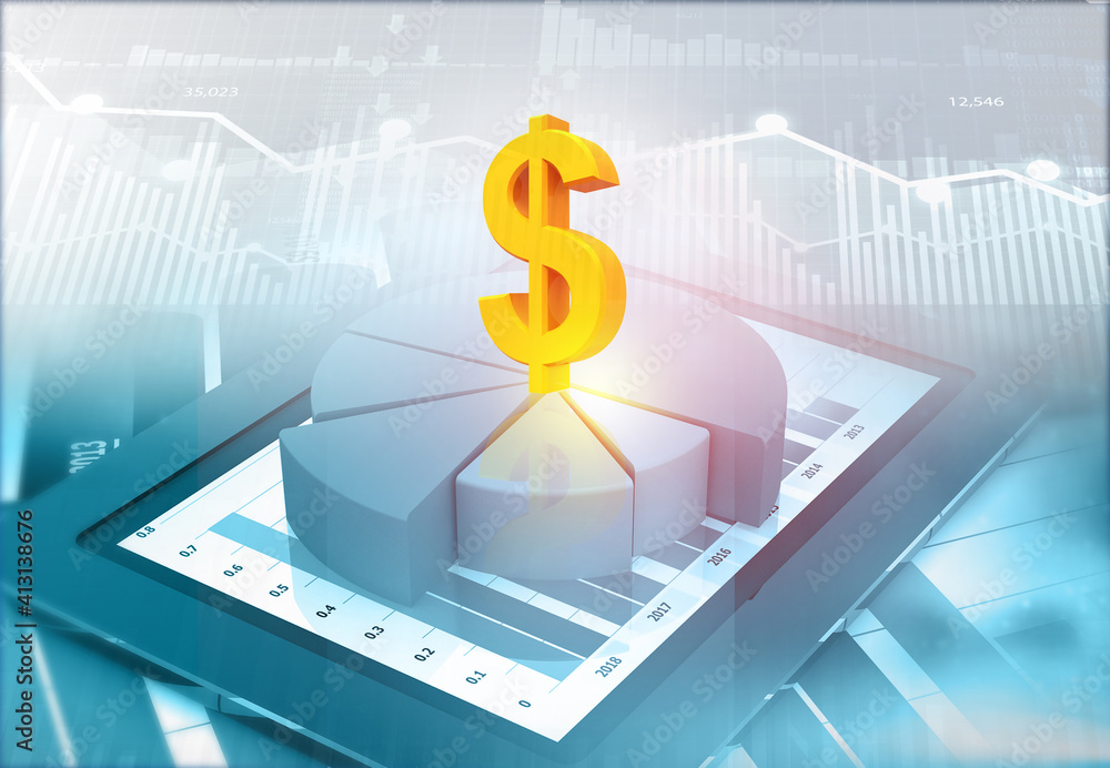 Dollar icon on business growth graph chart. 3d illustration.. Dollar icon on business growth graph chart. 3d illustration..