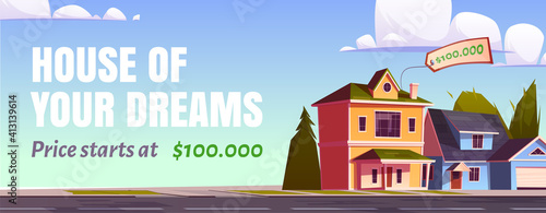 Real estate sale banner. Concept of purchase house of dreams. Vector cartoon illustration of suburb houses on street, cottage with price tag. Select and buy realty