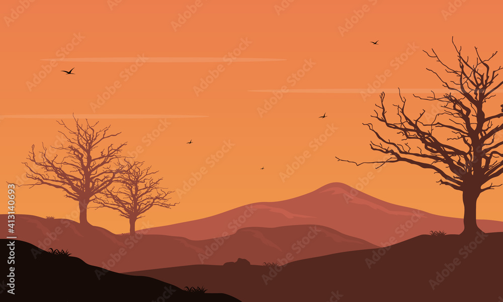 Mountain view at sunset with panoramic views of the trees in the afternoon. Vector illustration