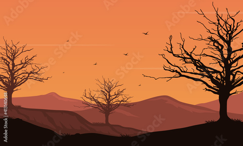 A view of the evening at dusk with the silhouette of the trees. Vector illustration