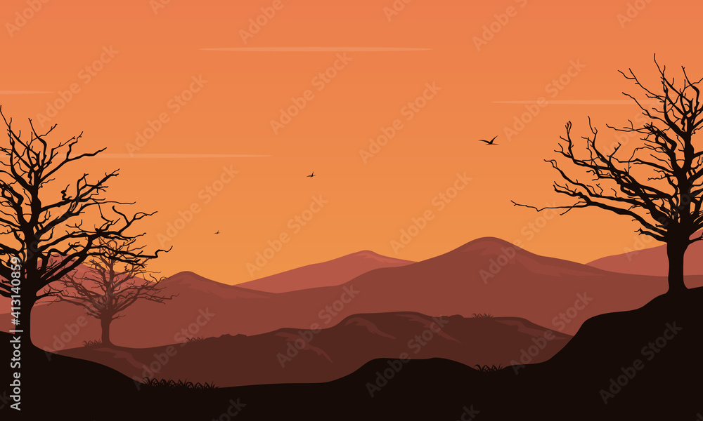 Mountain view with tree silhouettes at sunset. Vector illustration