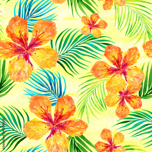 Summer Hawaiian print on a sunny yellow background. Seamless tropical floral pattern with watercolor hibiscus and palm leaves