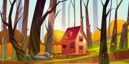 Wooden stilt house in autumn forest. Old shack with terrace on piles in sunny wood with fall bare trees without foliage around. Uninhabited forester hut, pc game background Cartoon vector illustration