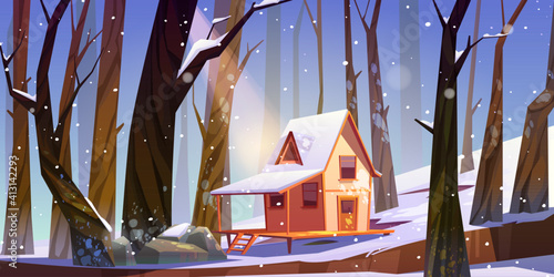 Wooden stilt house in winter forest. Old snow swept shack with terrace stand on piles in deep wood with falling snowflakes. Uninhabited forester hut, pc game background, Cartoon vector illustration