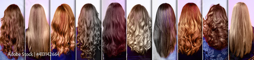 collage with many hairstyles of women with long curly and straight hair, styles with bright highlights