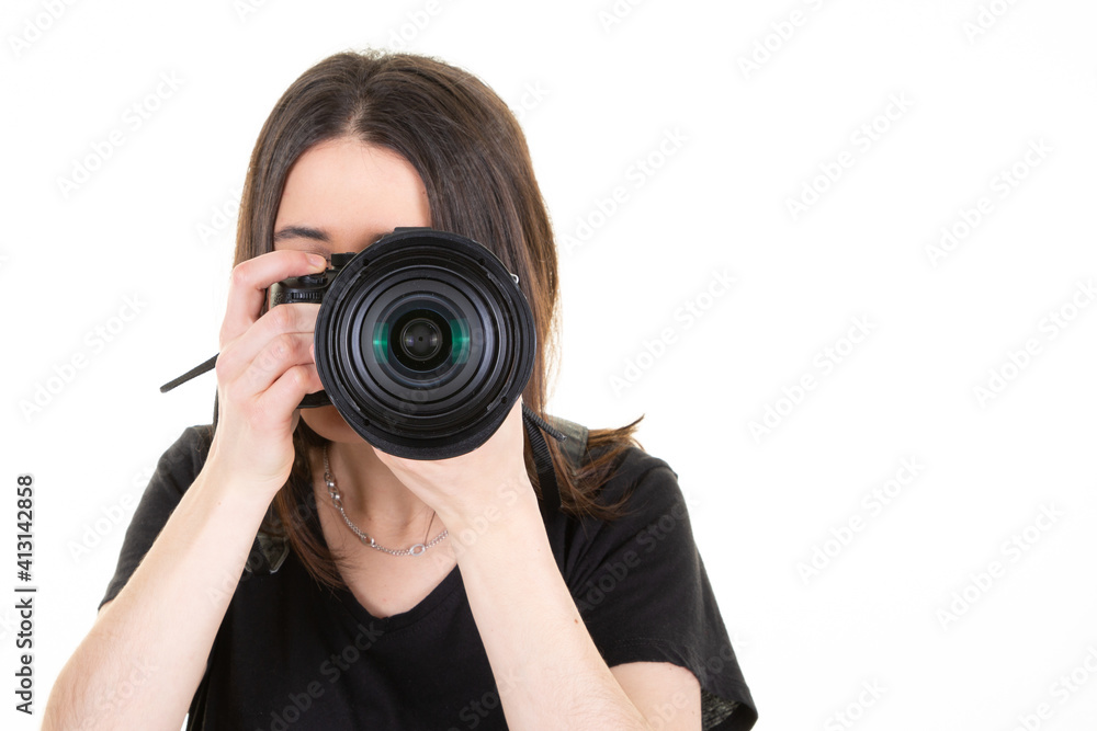 Young brunette photographer take photo woman isolated on white background with copy space Young brunette photographer take photo woman isolated on white background with copy space